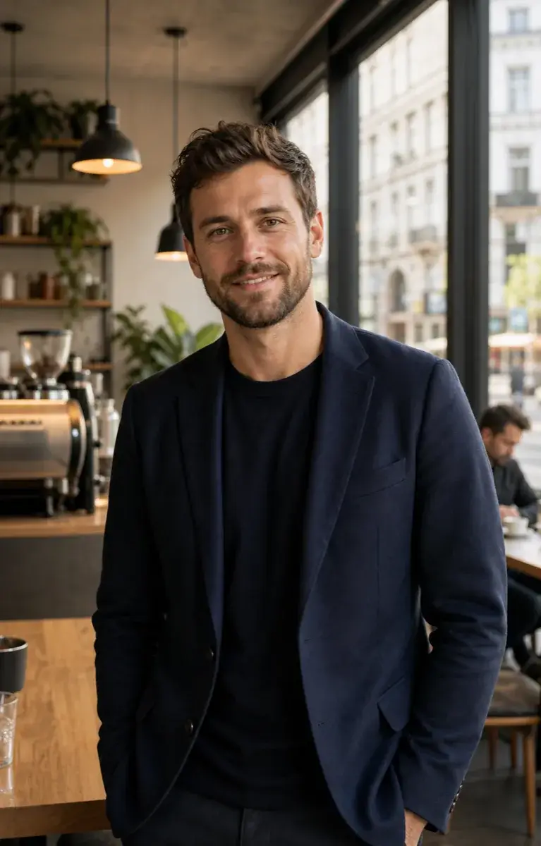 Erwachsener deutscher Mann in einem Berliner Café mit Menta Social als Alternative zu Grindr