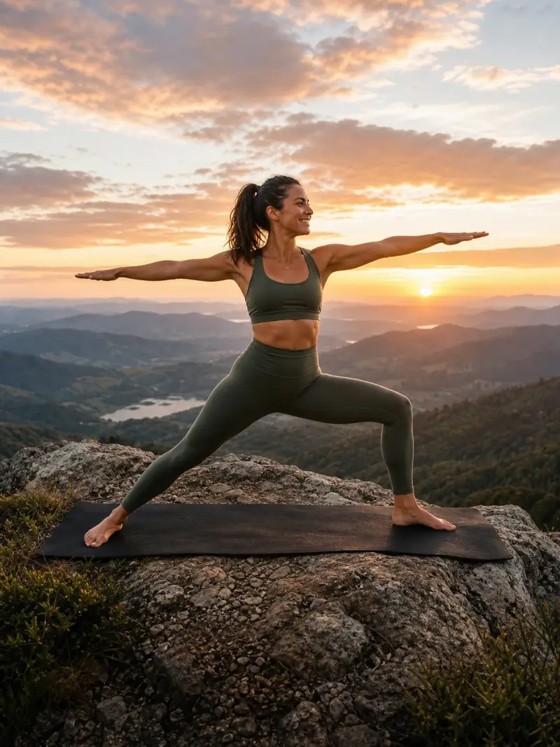 Perfil de Julia praticando yoga em uma montanha ao nascer do sol