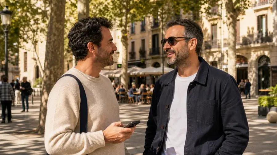 Ubicación segura en España Dos hombres adultos conversando en una plaza de Barcelona con ubicación aproximada protegida