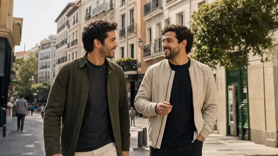 Conexiones reales en España Dos hombres adultos caminando por una calle de Madrid y conversando de forma natural