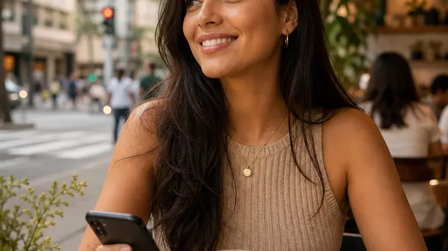 Álbuns privados com controle Mulher brasileira adulta usando o Menta Social em um café urbano no Brasil