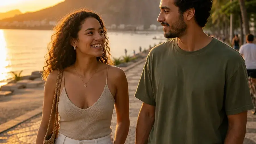 Conexões reais no Brasil Casal brasileiro adulto caminhando no Rio de Janeiro em uma conexão real