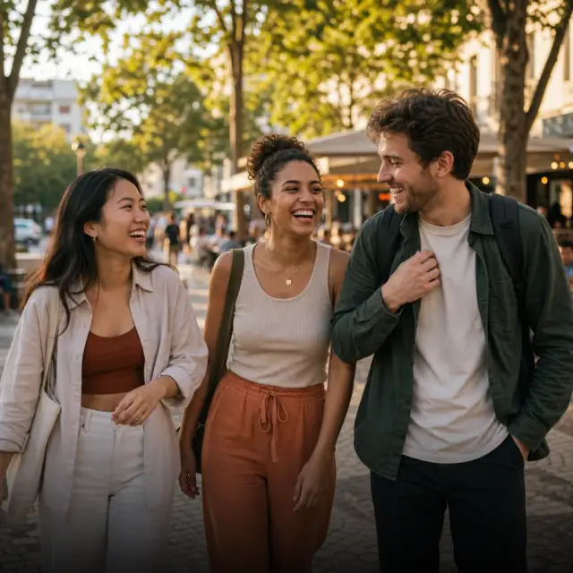 Grupo diverso de amigos caminhando pela cidade