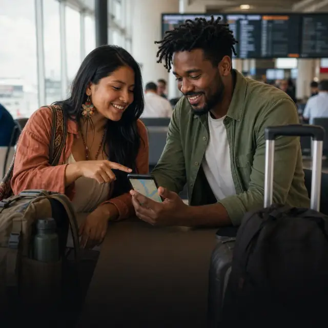 Duas pessoas planejando uma viagem com malas e celular