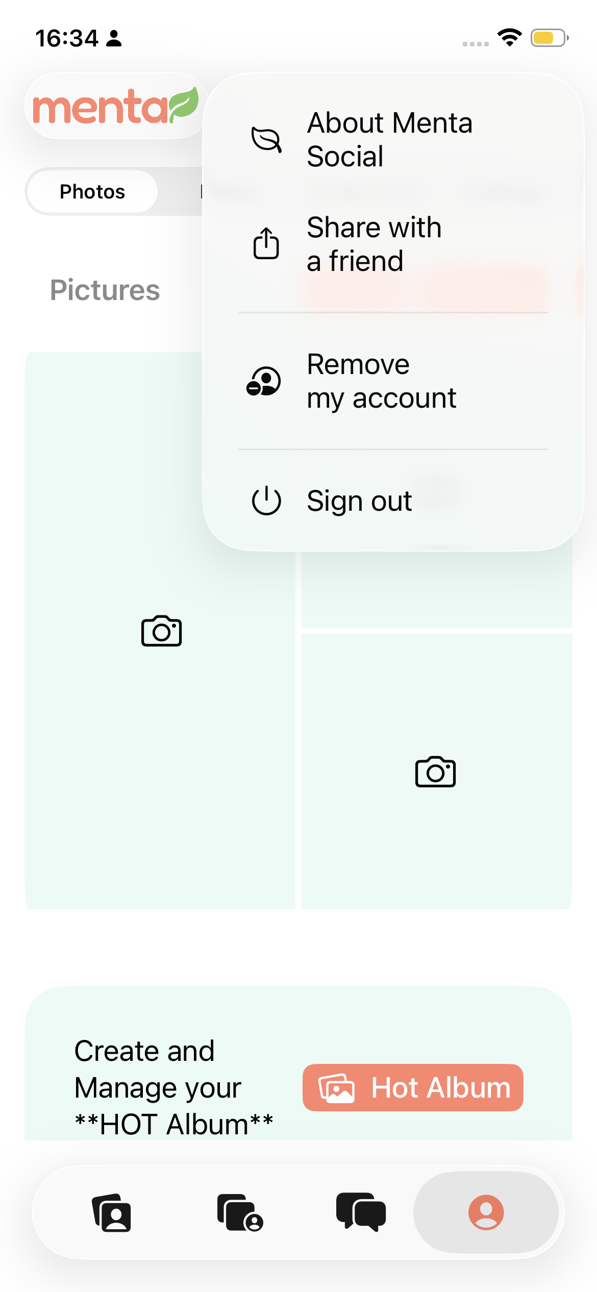 Menu do Menta Social com a opção Remove my account