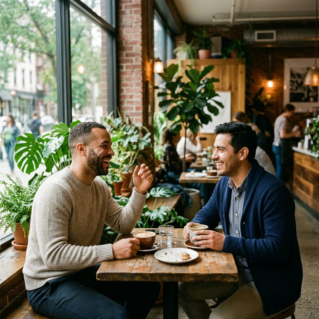 Two men talking spontaneously at a cafe, demonstrating a real and peaceful connection