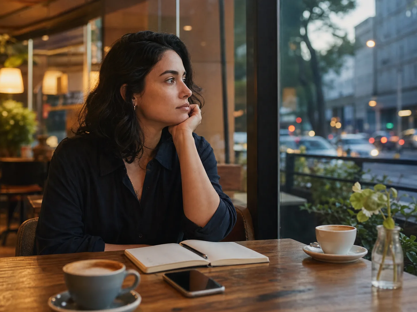 Thoughtful person in a cafe with a phone on the table and two cups, reflecting on the beginning of a relationship