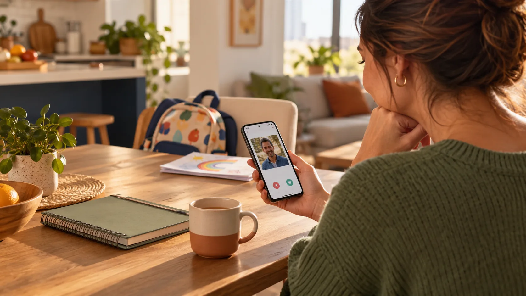 Mère adulte utilisant une application de rencontre chez elle, avec des objets du quotidien familial en arrière-plan et aucun enfant visible