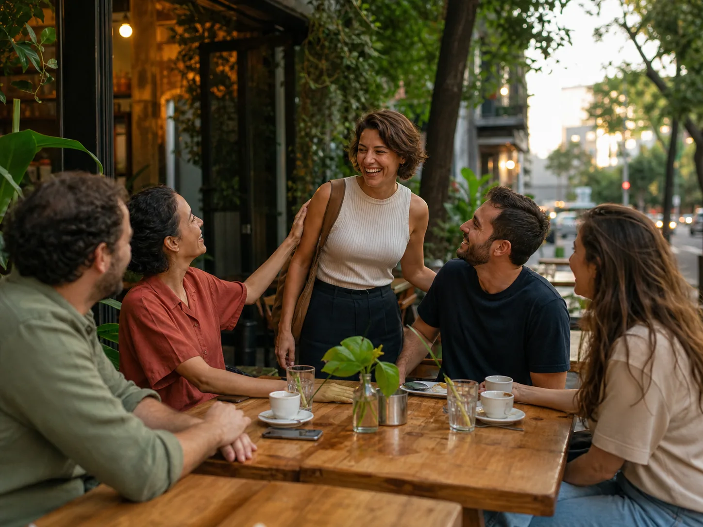 Adults talking around a cafe table and forming new friendships