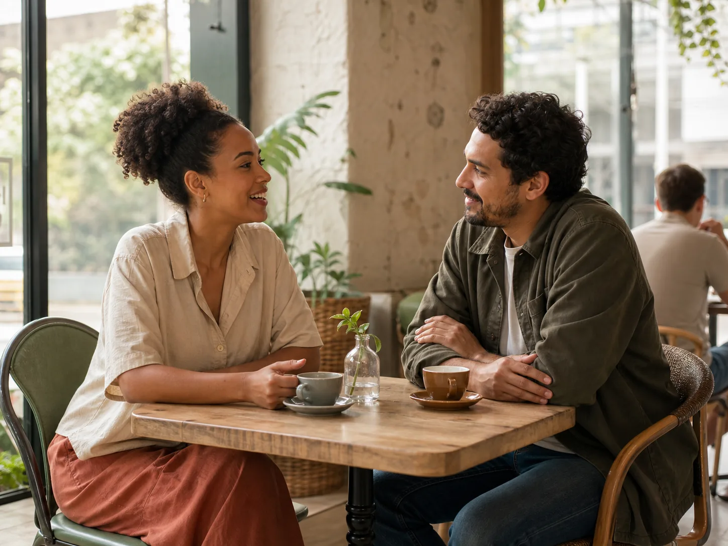 Deux adultes qui discutent dans un café lumineux lors d’un premier rendez-vous