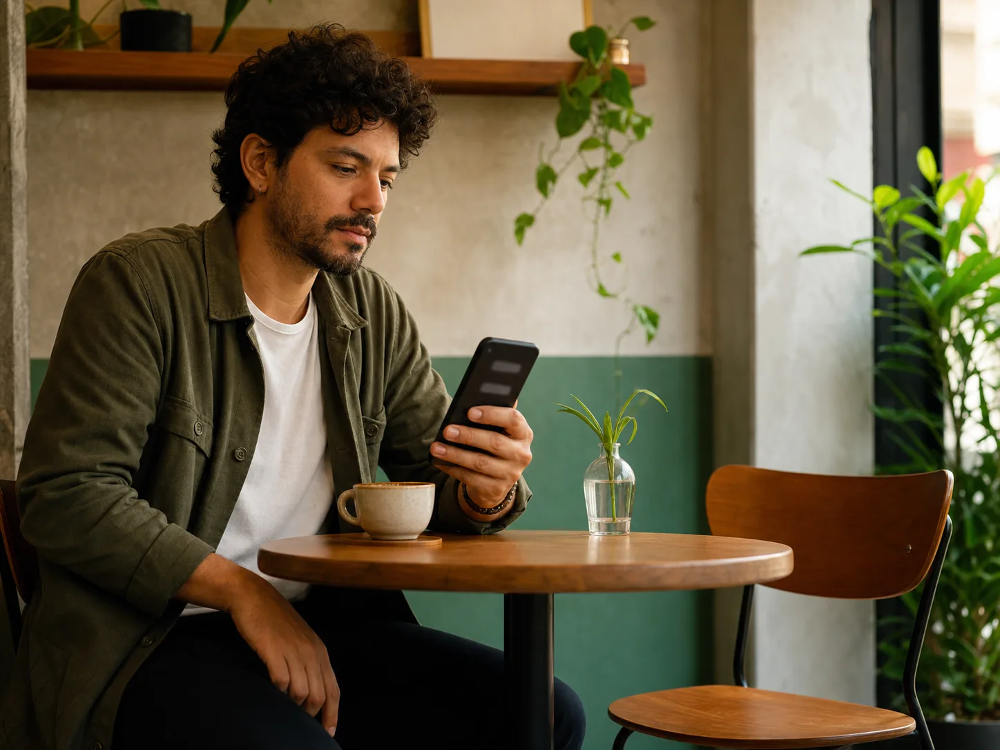 Person looking at a phone at a cafe table after an unanswered dating app conversation
