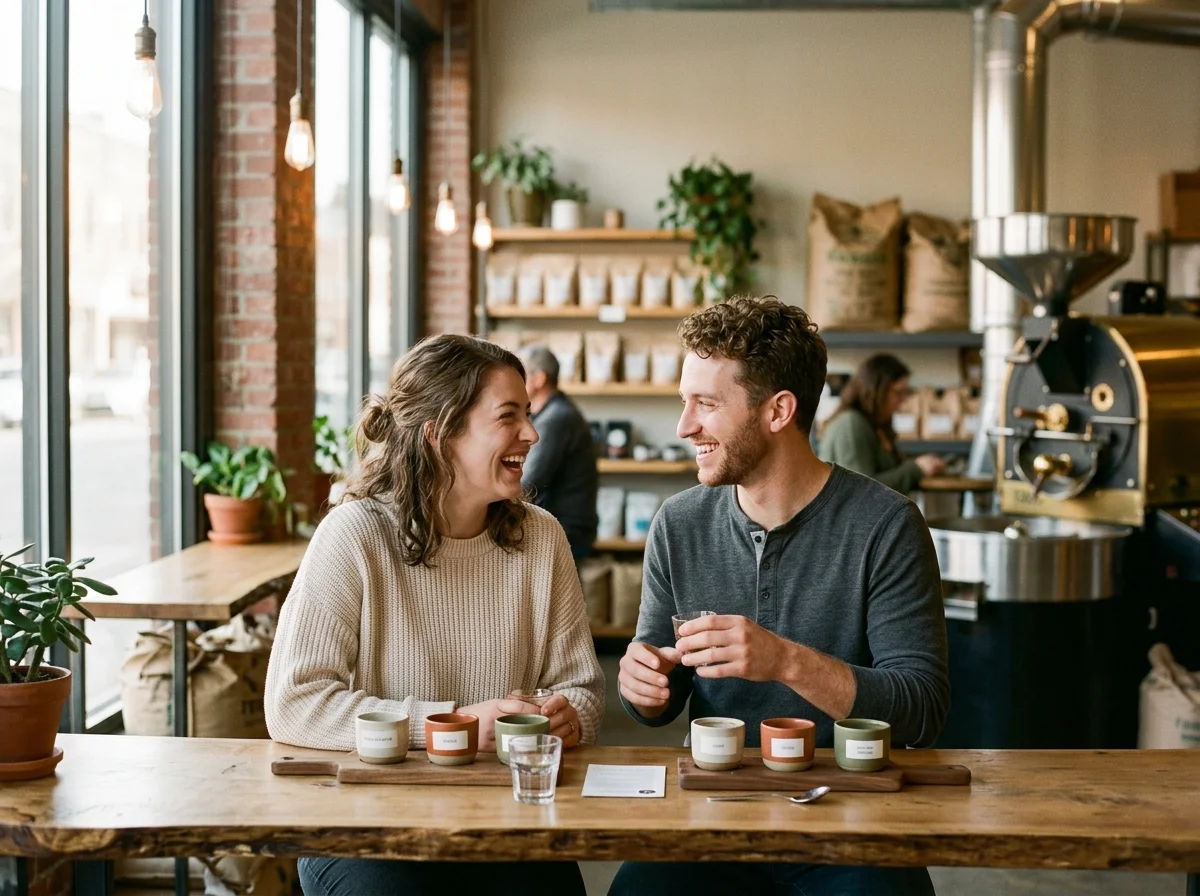 Modern couple enjoying coffee tasting at a local coffee roaster while laughing together
