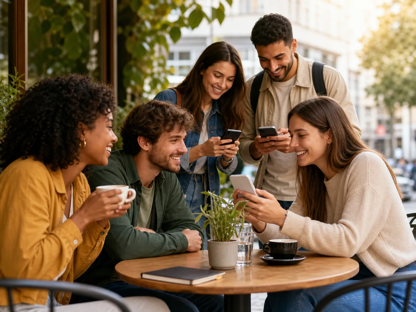 Adults talking at a cafe table while using apps to plan a local activity