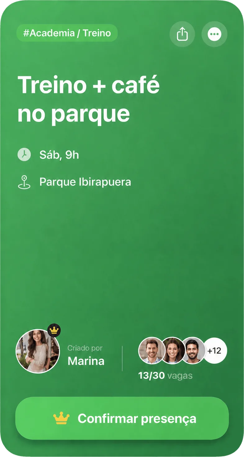 Convite para treino e café no parque criado por Marina