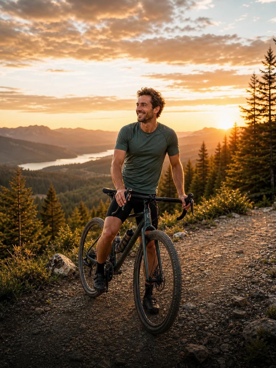 Profile of Ethan cycling in the mountains at sunset