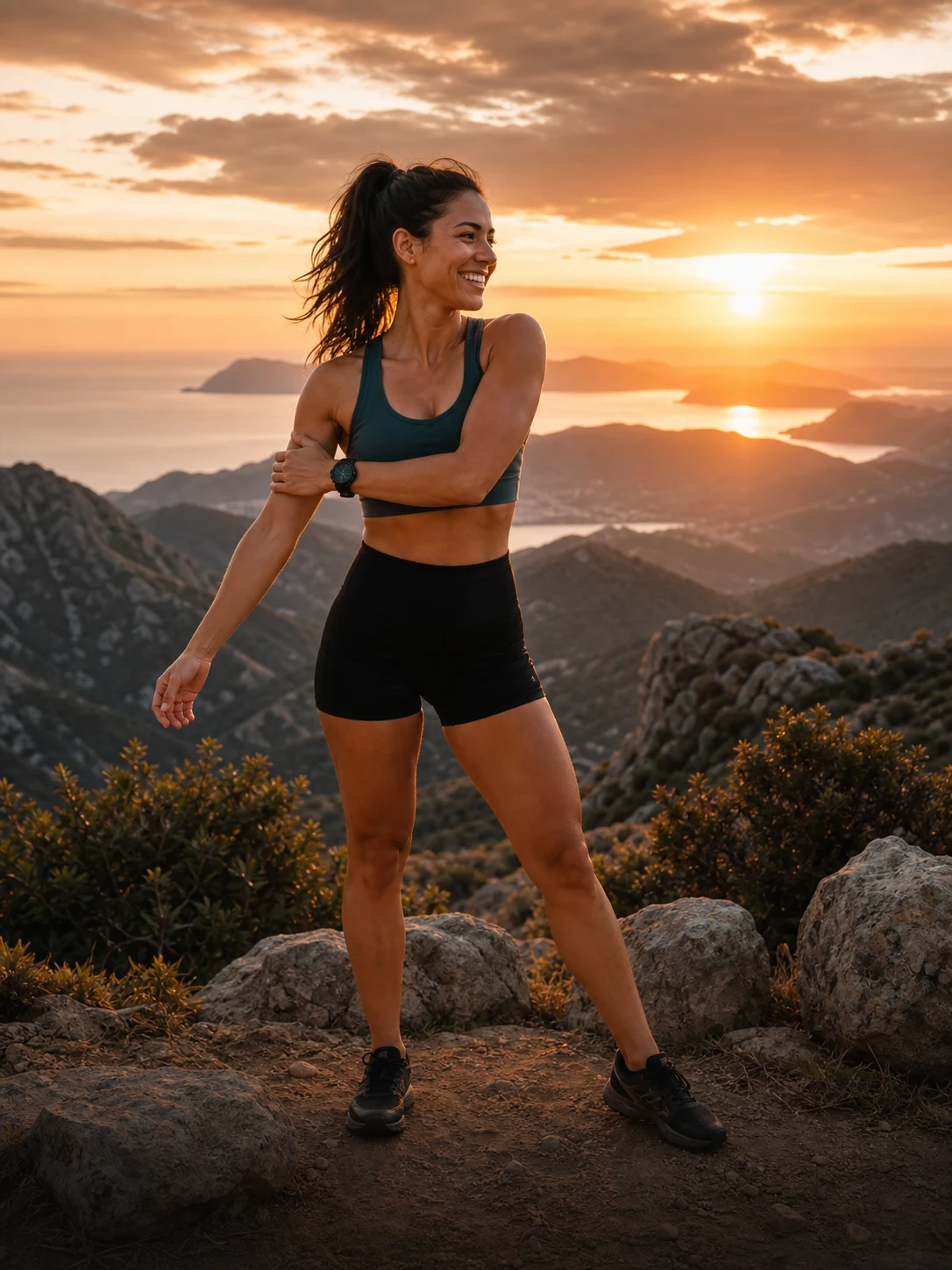 Perfil de Sofía después de correr en una montaña al atardecer