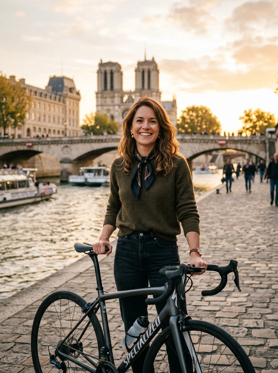 Profil de Camille à vélo le long de la Seine à Paris au coucher du soleil