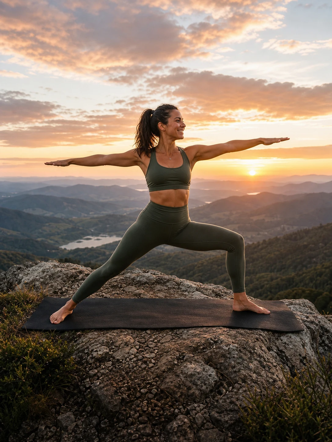 Perfil de Julia praticando yoga em uma montanha ao nascer do sol