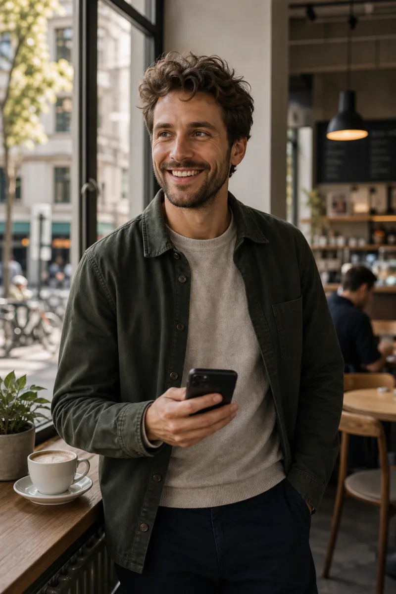 Erwachsener deutscher Mann in einem modernen Stadtcafe mit Menta Social