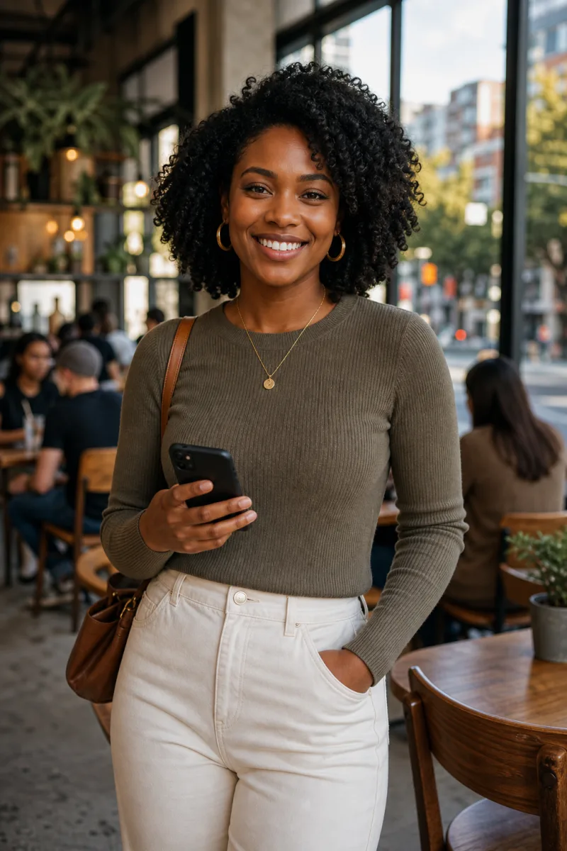 American adult woman using Menta Social in a modern city coffee shop