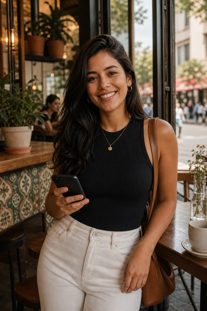 Mujer adulta latina usando Menta Social en una cafetería urbana