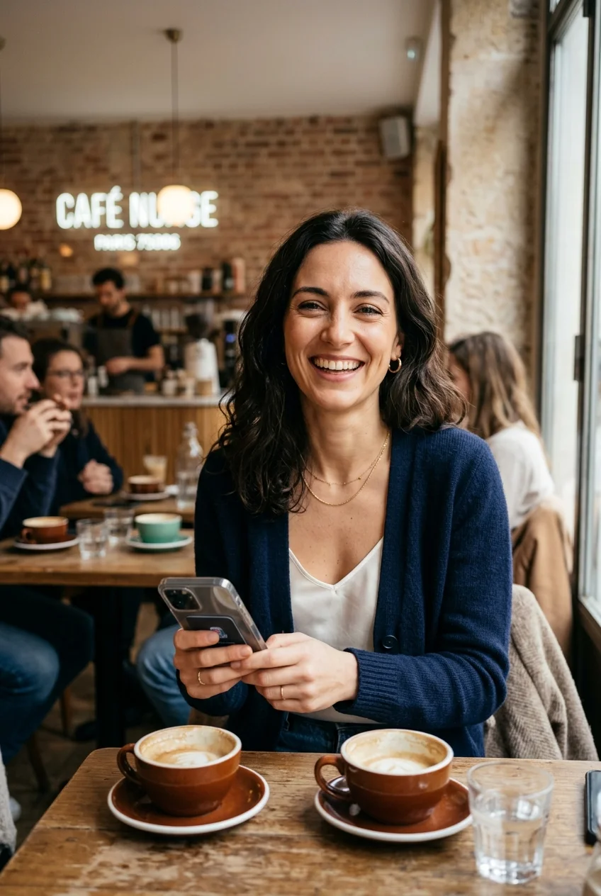 Femme adulte américaine utilisant Menta Social dans un café moderne en ville