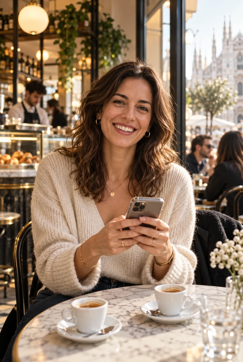 Donna adulta che usa Menta Social in un bar moderno