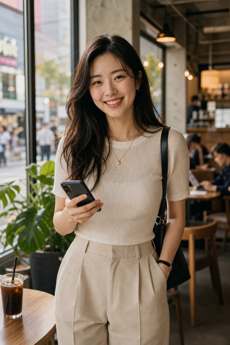 서울의 현대적인 카페에서 Menta Social을 사용하는 한국인 성인 여성