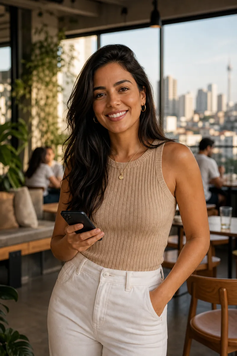 Mulher brasileira adulta usando o Menta Social em um café urbano de São Paulo