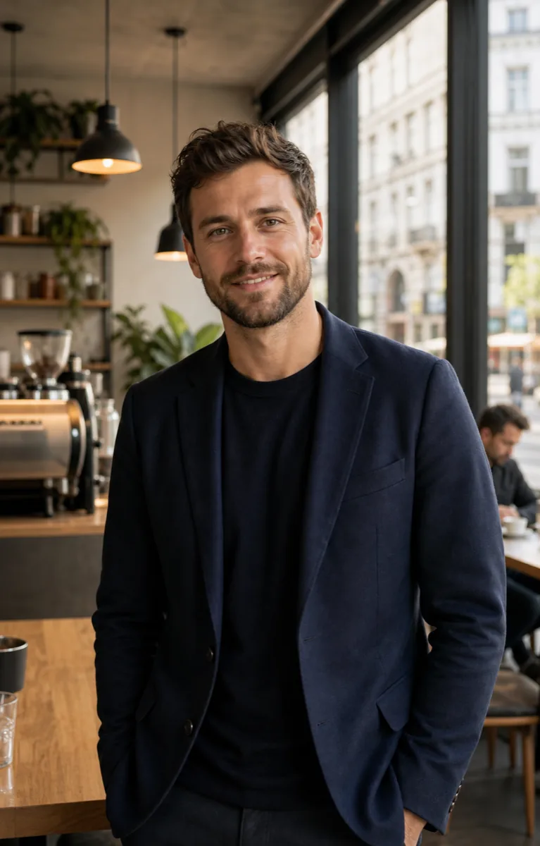 Erwachsener deutscher Mann in einem Berliner Café mit Menta Social als Alternative zu Grindr