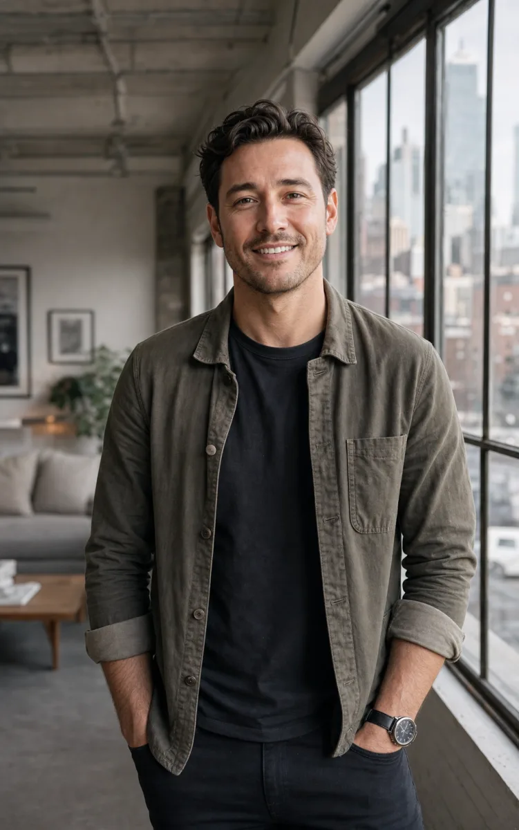 Adult man in a modern city loft using Menta Social as a more private Grindr alternative
