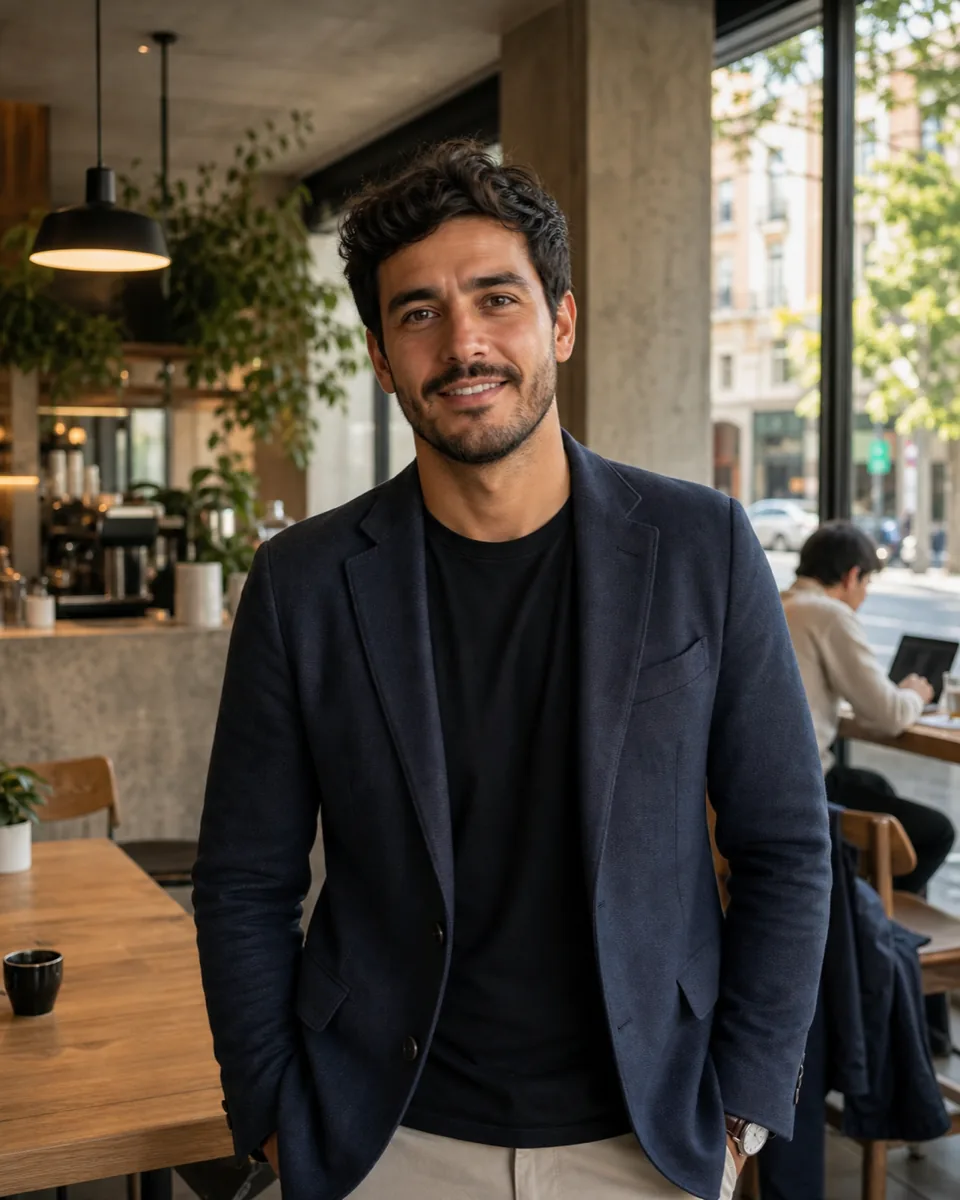 Hombre adulto español en una cafetería usando Menta Social como alternativa a Grindr
