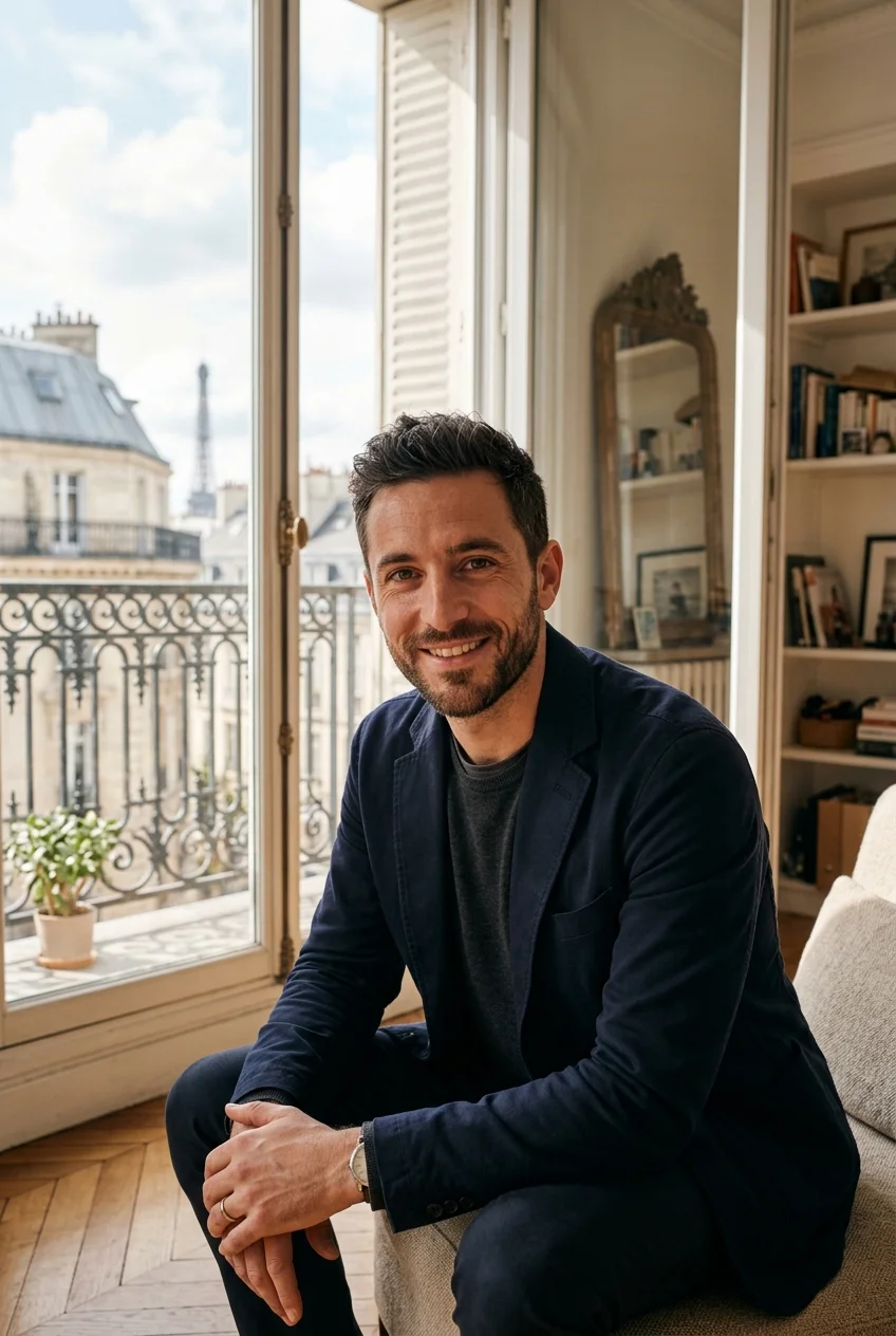Homme adulte dans un loft urbain moderne utilisant Menta Social comme alternative plus privée à Grindr
